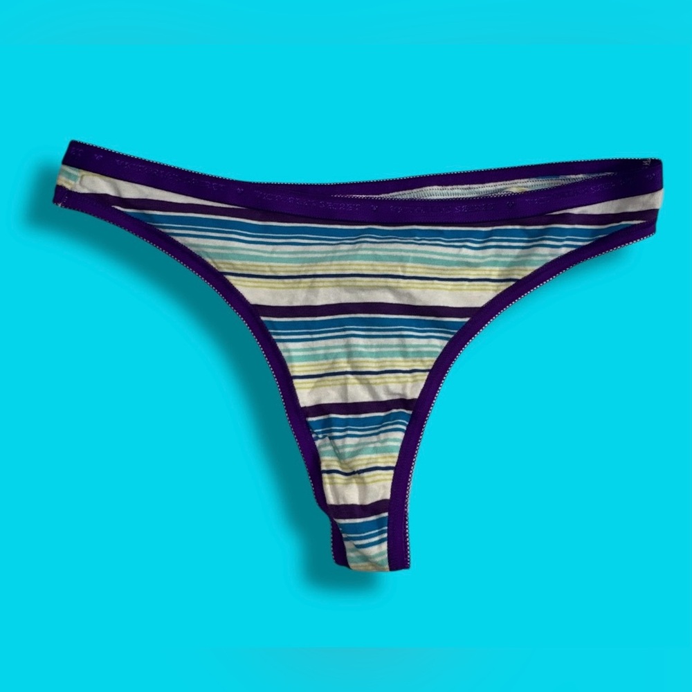 Vtg Victoria's Secret Cotton Striped Thong Panties L Logo Size Medium Y2k